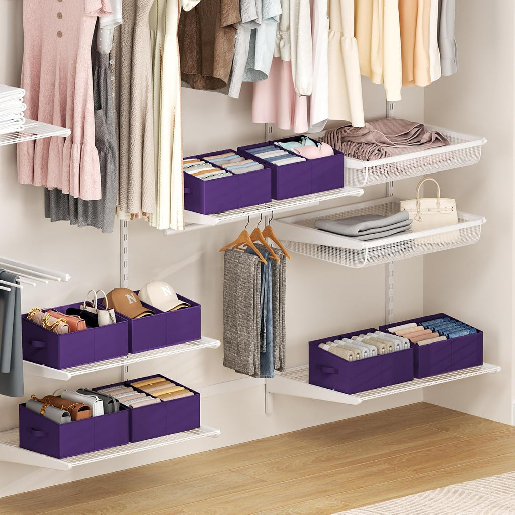 DIMJ Large Closet Shelf Organizer Bins 6 Packs with Handles and Divider, Fabric Trapezoid Storage Baskets, Foldable Clothes Containers Box for Shelf, Towel, Book, Toy, Purse, Hats, Purple