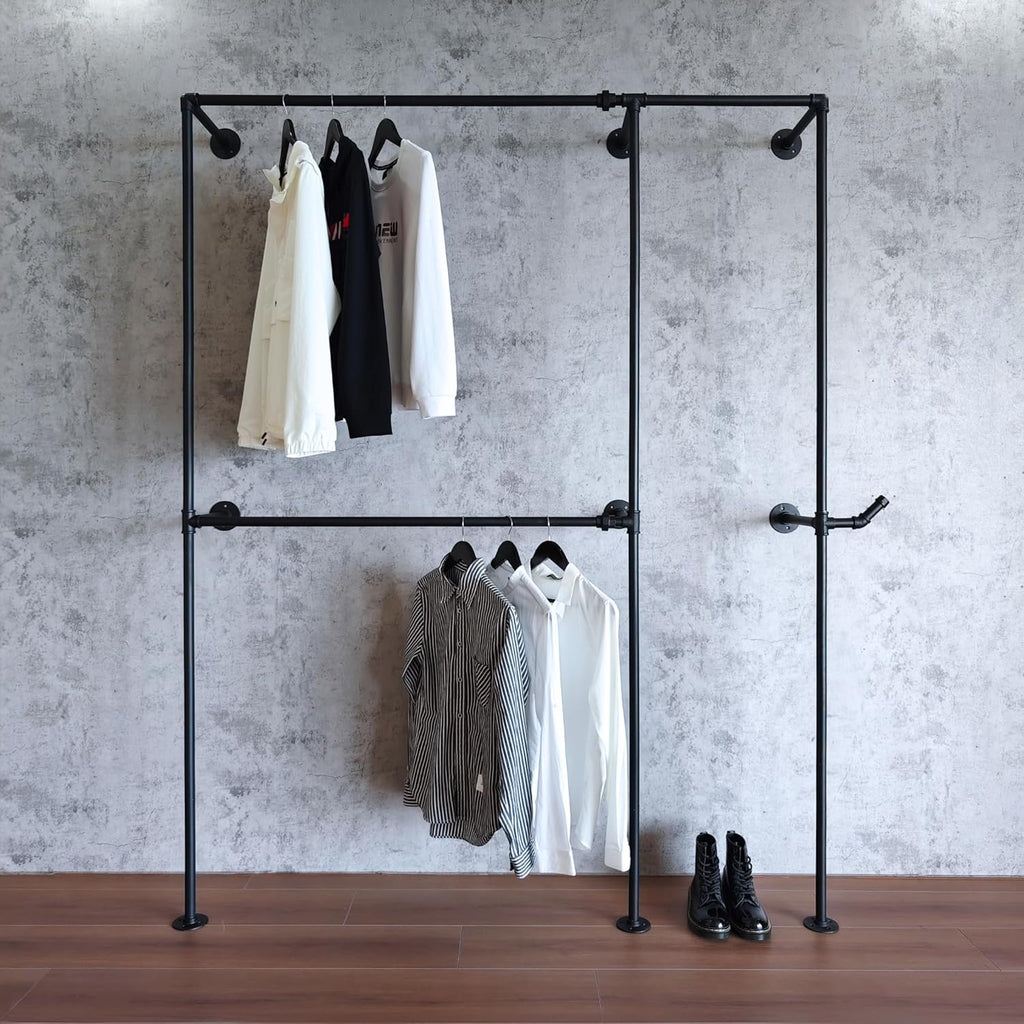Industrial Pipe Clothing Rack, Heavy Duty Wall Mounted Clothes Rack, Retail Display Hanging Garment Rod for Laundry Rooms, Closet Storage, 14.6x62.5x82.7 Inches, Model AF01