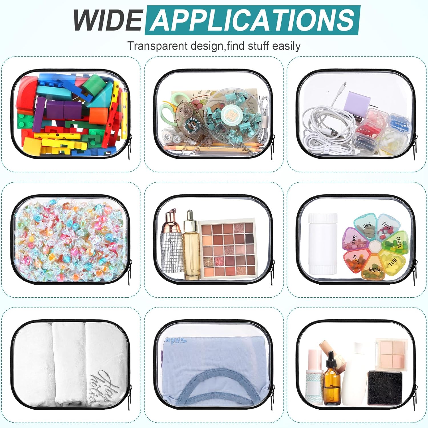 Sanwuta 6 Pcs Clear Hard Zipper Case Hard Plastic Zipper Pouches Transparent Makeup Bag Pencil Pouches for Travel Snacks Christmas Trinket Storage Organizer Box(Black,7.87 x 5.9 x 2 Inch)