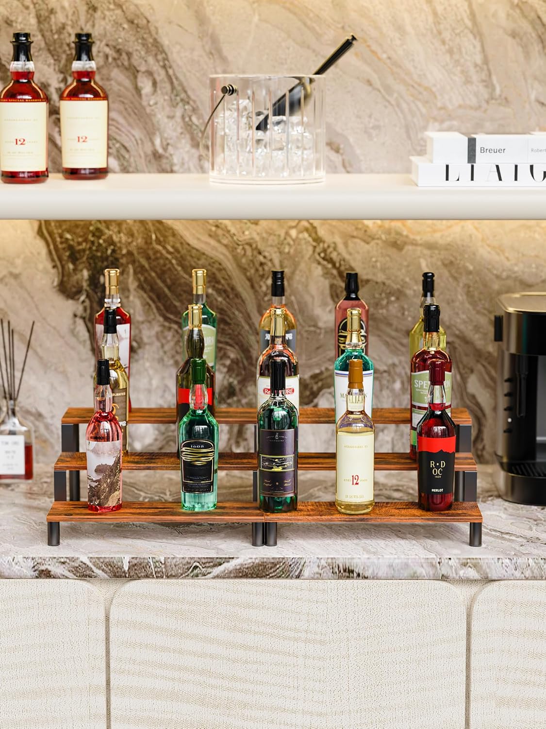 Set of 4 Wooden Display Stand Riser, 3 Tier Perfume Organizer Stand Cupcake Stand Holder, Tiered Display Stand Risers Display Shelf for Home and Shop (Black, 4 pcs)