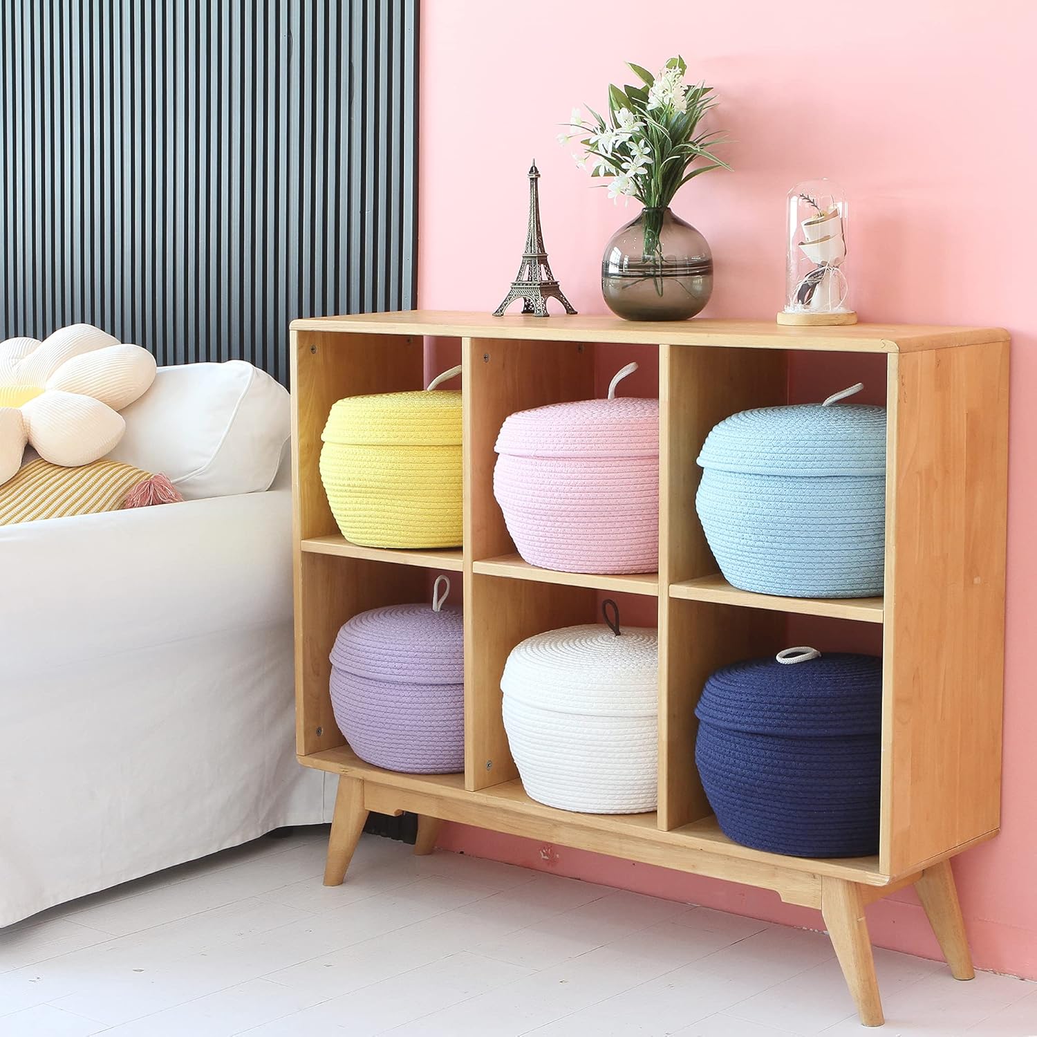 Sea Team Round Cotton Rope Storage Basket with Lid, Decorative Woven Storage Bin, Pot, Caddy, Organizer, Container for Snacks, Towels, Plants, 13 x 9 Inches (Large, Pink)