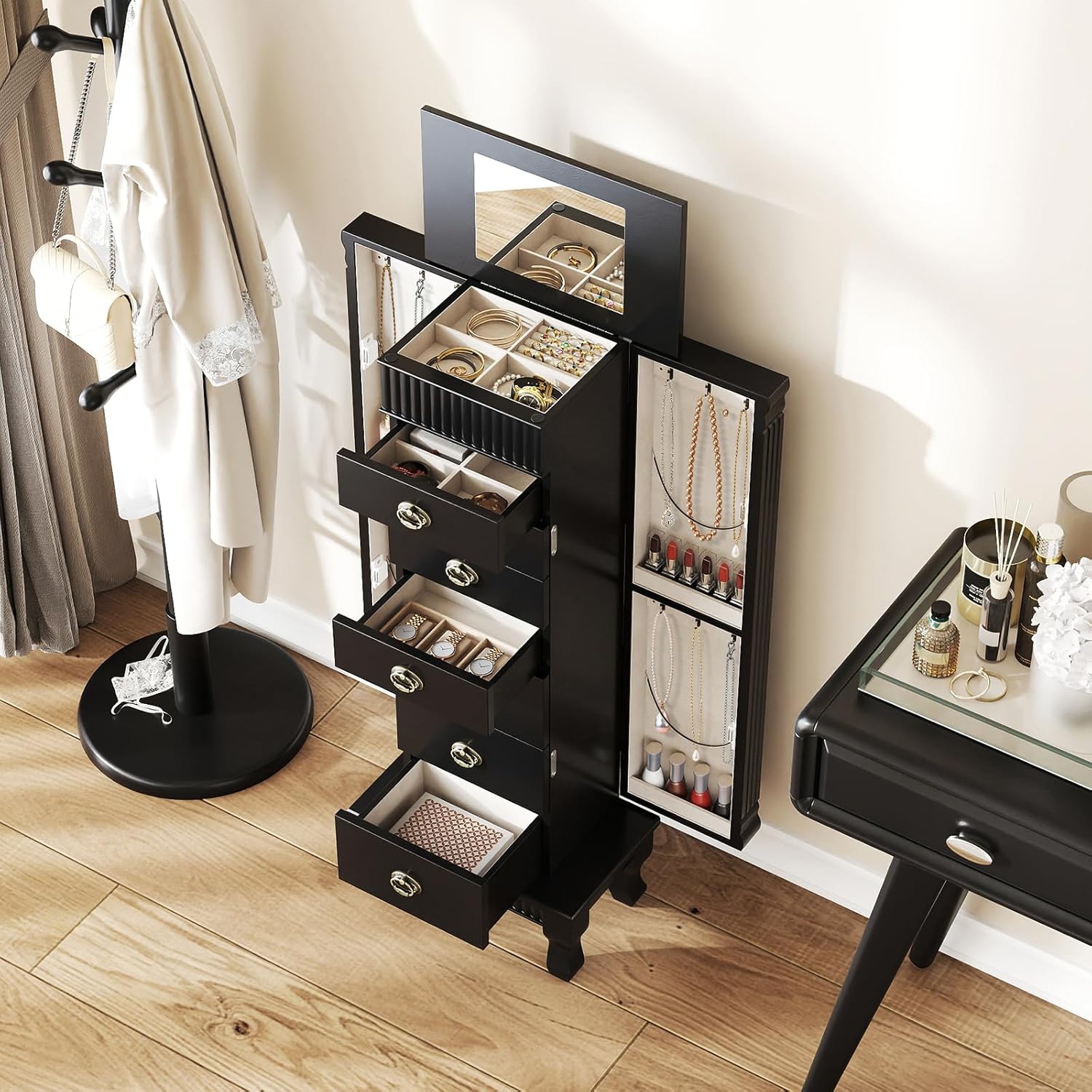 Giantex Standing Jewelry Cabinet with 7 Drawers, Flip-Top Mirror, 2 Side Doors with 12 Necklace Hooks, Divided Ring Compartments, Velvet-Lined Jewelry Armoire Organizer Chest (Black)