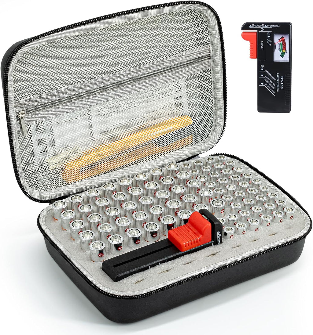 Battery Organizer Storage Case with Tester for AA AAA Button Battery Holder Carrying 3 Batteries Variety Pack 88 Batteries Zipper Mesh Bag (Batteries Not Included)