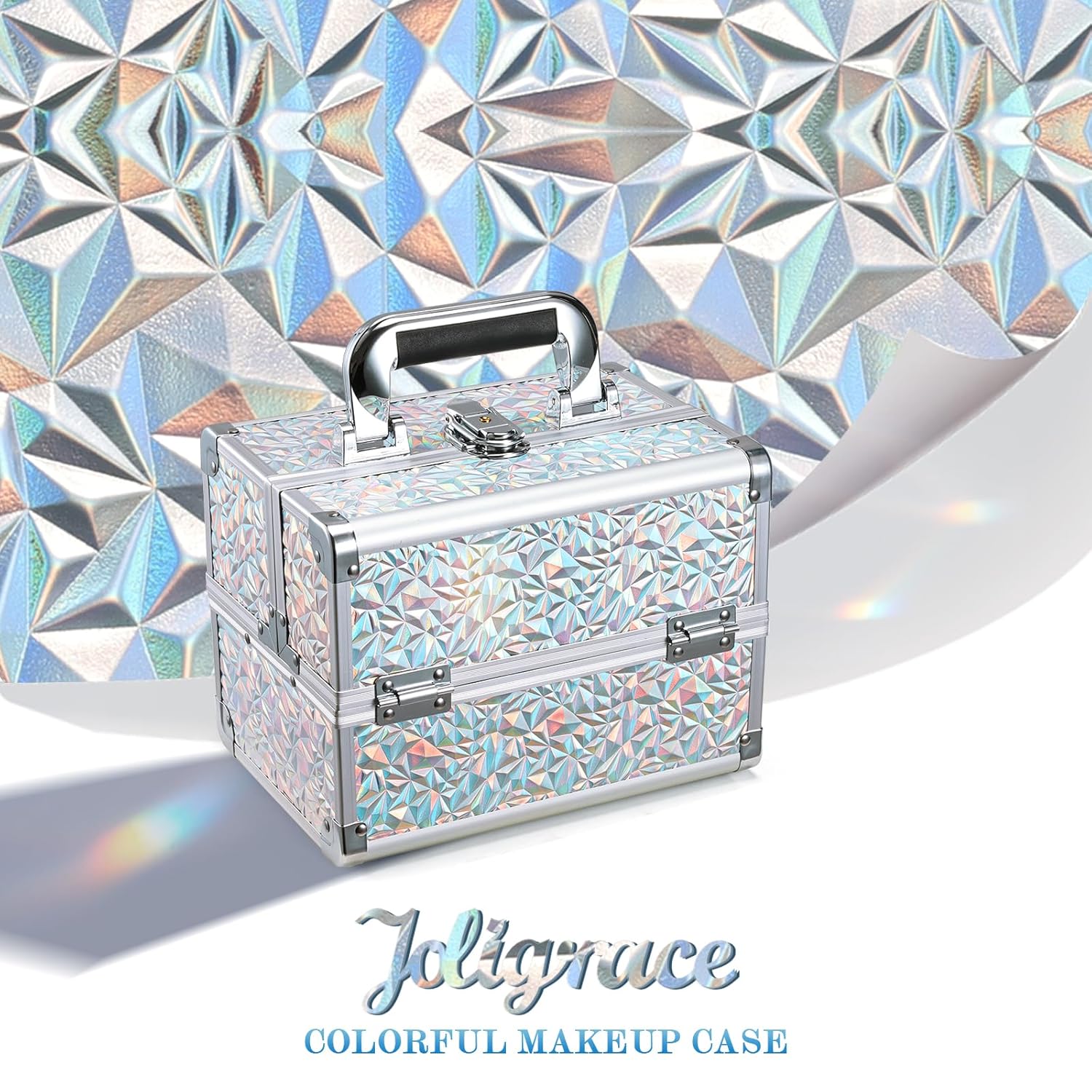 Joligrace Makeup Train Case Makeup Case Organizer Portable Cosmetic Box Storage with 2 Trays Mirror Locking with Keys Make Up Travel Case Nail Kits Traveling Makeup Box Shiny Silver