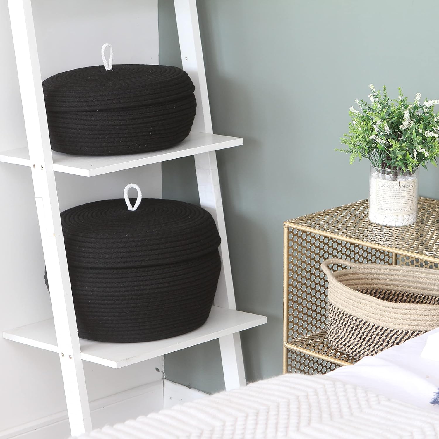 Sea Team Round Cotton Rope Storage Basket with Lid, Decorative Woven Storage Bin, Pot, Caddy, Organizer, Container for Snacks, Towels, Plants, 13 x 9 Inches (Large, Black)