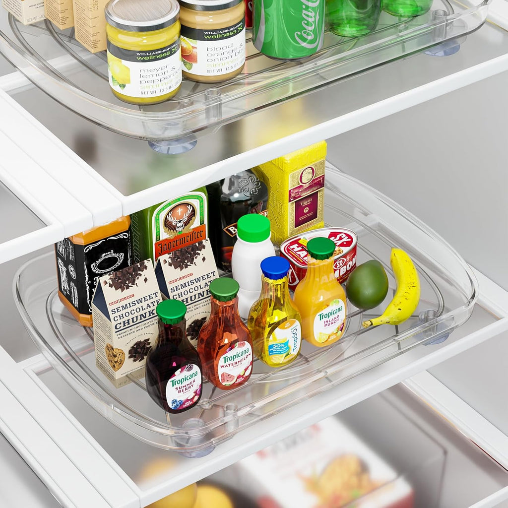 HIYOHIYO Clear Lazy Susan for Refrigerator Rectangular Fridge Turntable Organizers and Storage Pull Out & 360° Rotating for Cabinet Pantry Kitchen Table Bathroom (2-Pack 13.7"x10.2")