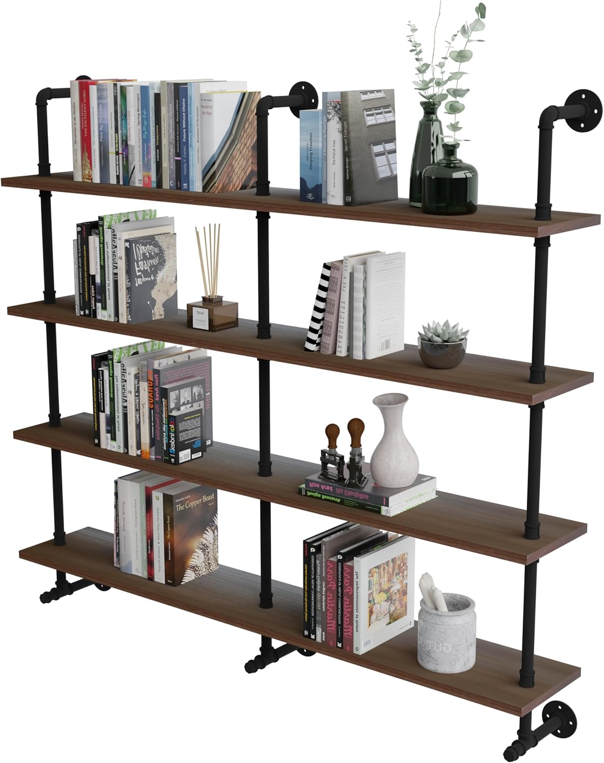 Industrial Pipe Wall Shelves Pipe Shelving with Real Wood Plank ,60 Inches Floating Shelves for Wall Farmhouse Pipe Book Shelves Dark Brown 4 Tier for Kitchen,Living Room Decor and Bar Shelving