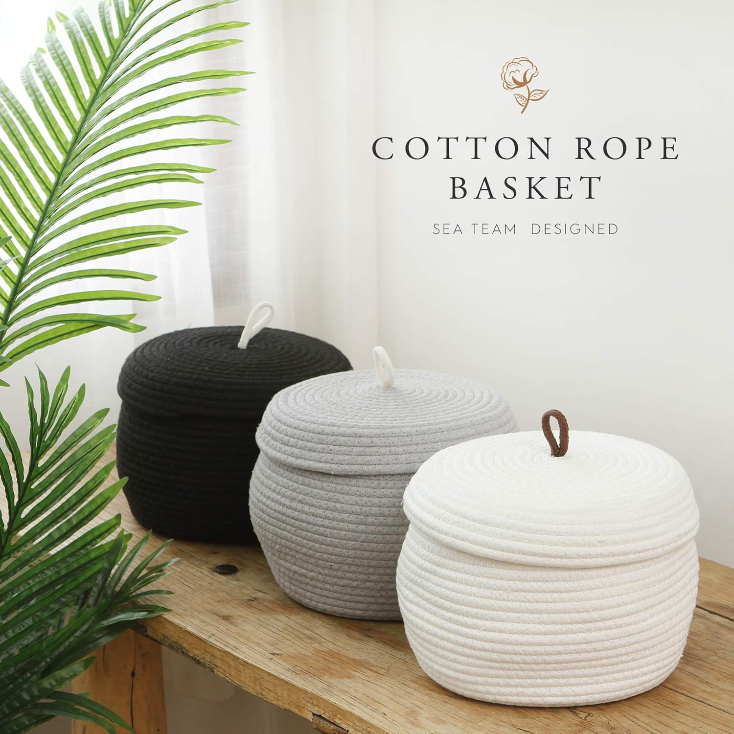 Sea Team Round Cotton Rope Storage Basket with Lid, Decorative Woven Storage Bin, Pot, Caddy, Organizer, Container for Snacks, Towels, Plants, 10 x 7.5 Inches (Small, Black)