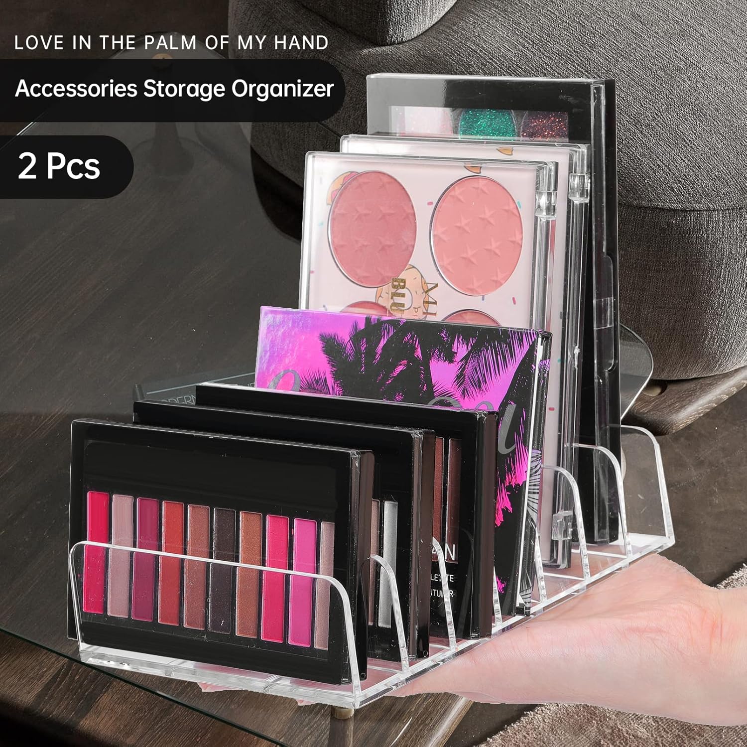 2Pcs Makeup Pallet Organizer,Acrylic Eyeshadow Palette Makeup Organizer,Clear Eyeshadow Palette Cosmetic Organizer,7 Sections Palette Organizer Makeup Holder for Bathroom Countertop Wallets Sunglasses