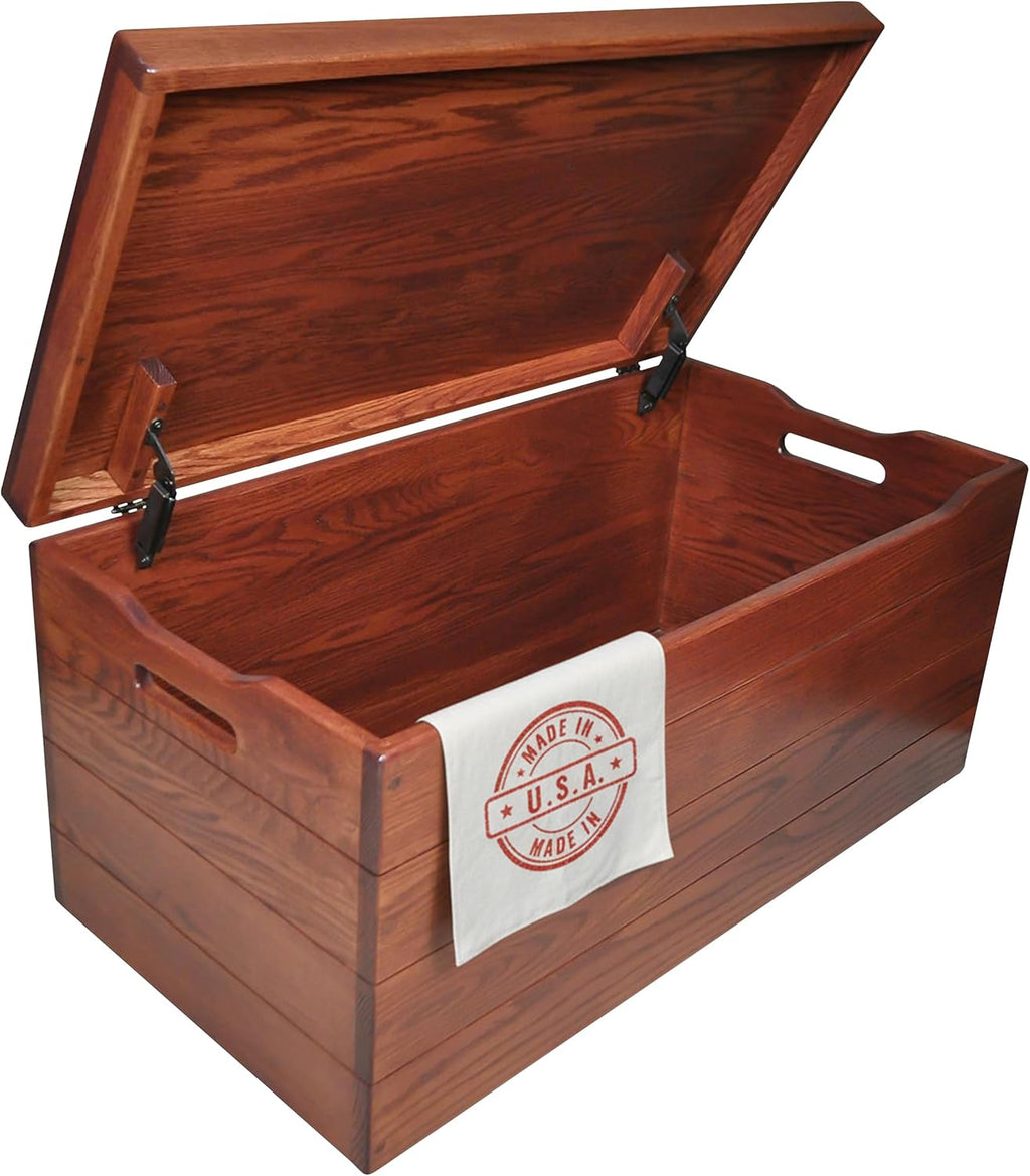 Amish Made Wooden Storage Chest Trunk Box with Lid and Handles for Bedroolanket, Clothes, Anti-Slam Hinges, Handmade, Rustic, Oak Wood, Cherry Stain, 30"