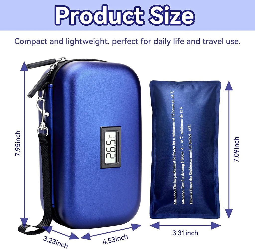 Insulin Cooler Travel Case, TSA Approved Medication Diabetic Cooler Organizer Bag with Thermometer Temperature Display 2 Ice Packs, Blue