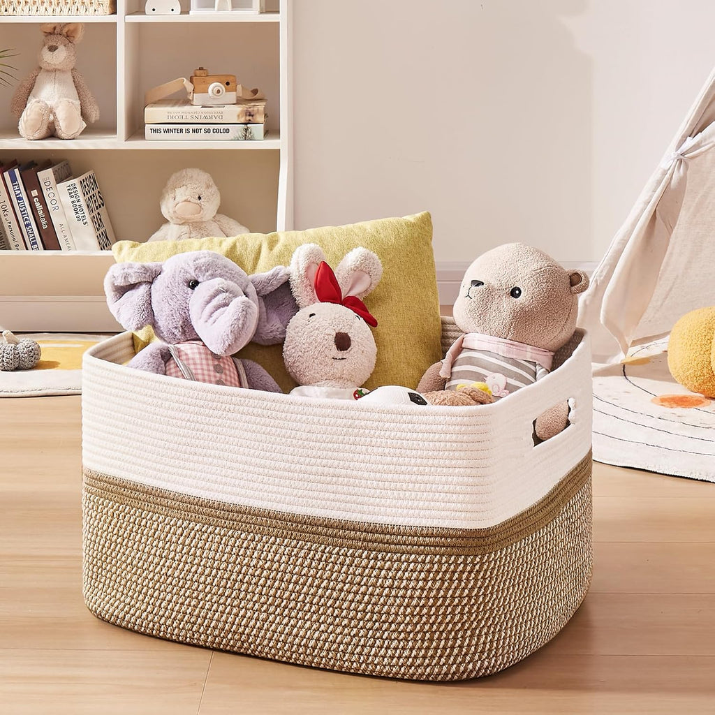 OIAHOMY Large Blanket Basket, 22”x17”x12” Rectangle Woven Baskets, Nursery Blanket Storage Living Room, Toy Storage With Handle, Large Baskets for Organizing-Yellow/White