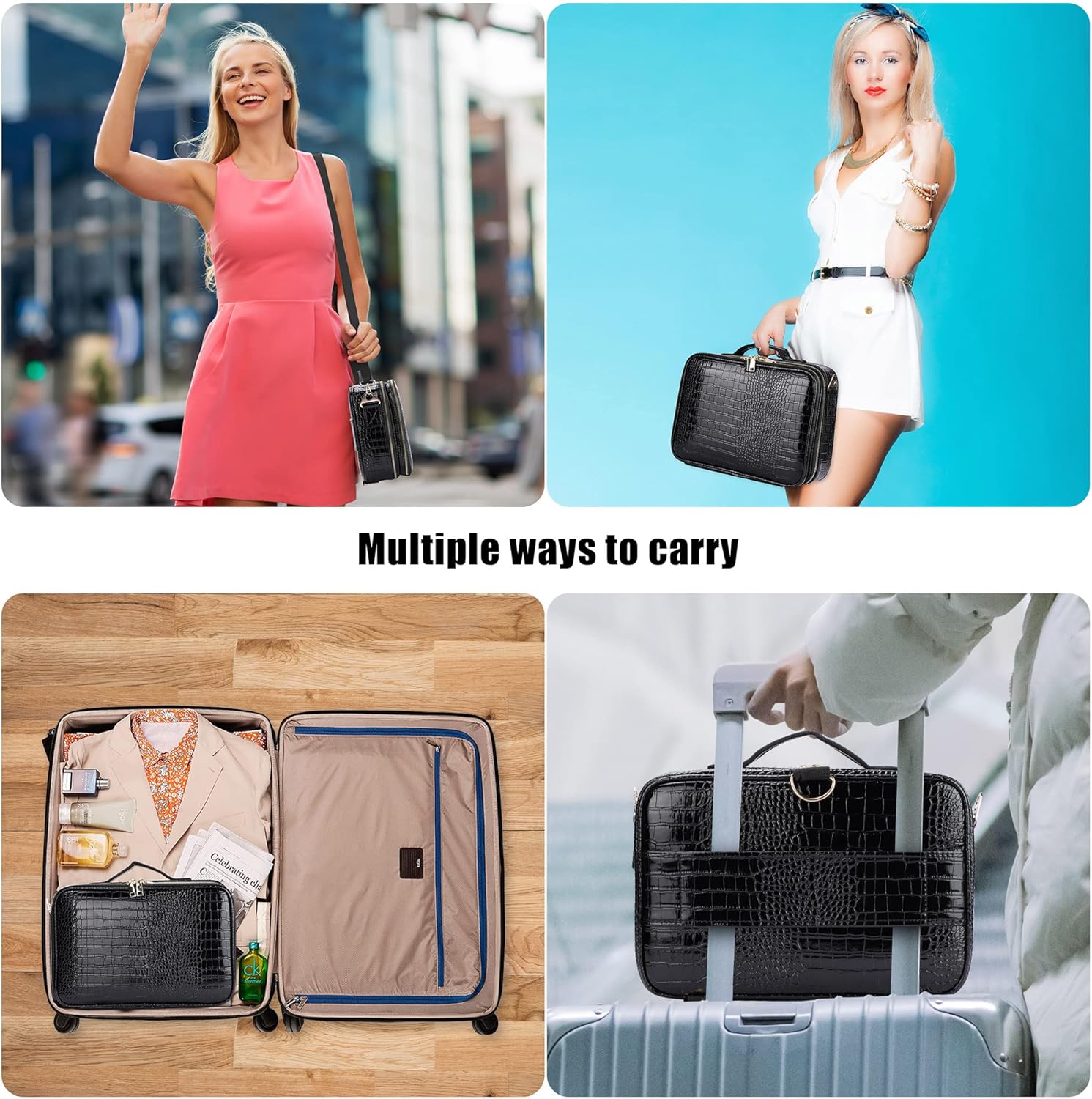 JOURMON Travel Makeup Train Case,Large Capacity Cosmetic Bags for Women,Portable Makeup Bag Organizer with Adjustable Dividers & Shoulder Strap (Crocodile Pattern Black,Medium)