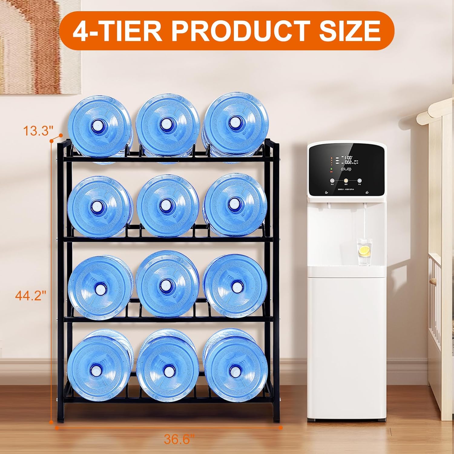 5 Gallon Water Dispenser Jug Holder Heavy Duty Water Cooler Jug Rack and 4 Tier Water Storage Rack with 12 Slots for Gallon Jugs (Black)