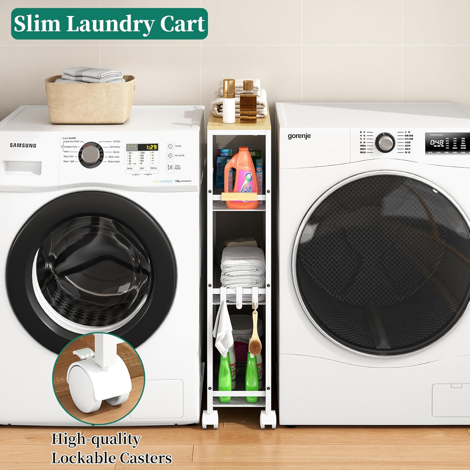 TIPGO Utility Slim Storage Cart, 4 Tier Rolling Cart with Wheels, Narrow Storage Cabinet for Bathroom, Laundry Shelves for Room Organization, Small Organizer for Kitchen, Office and Dorm (White)