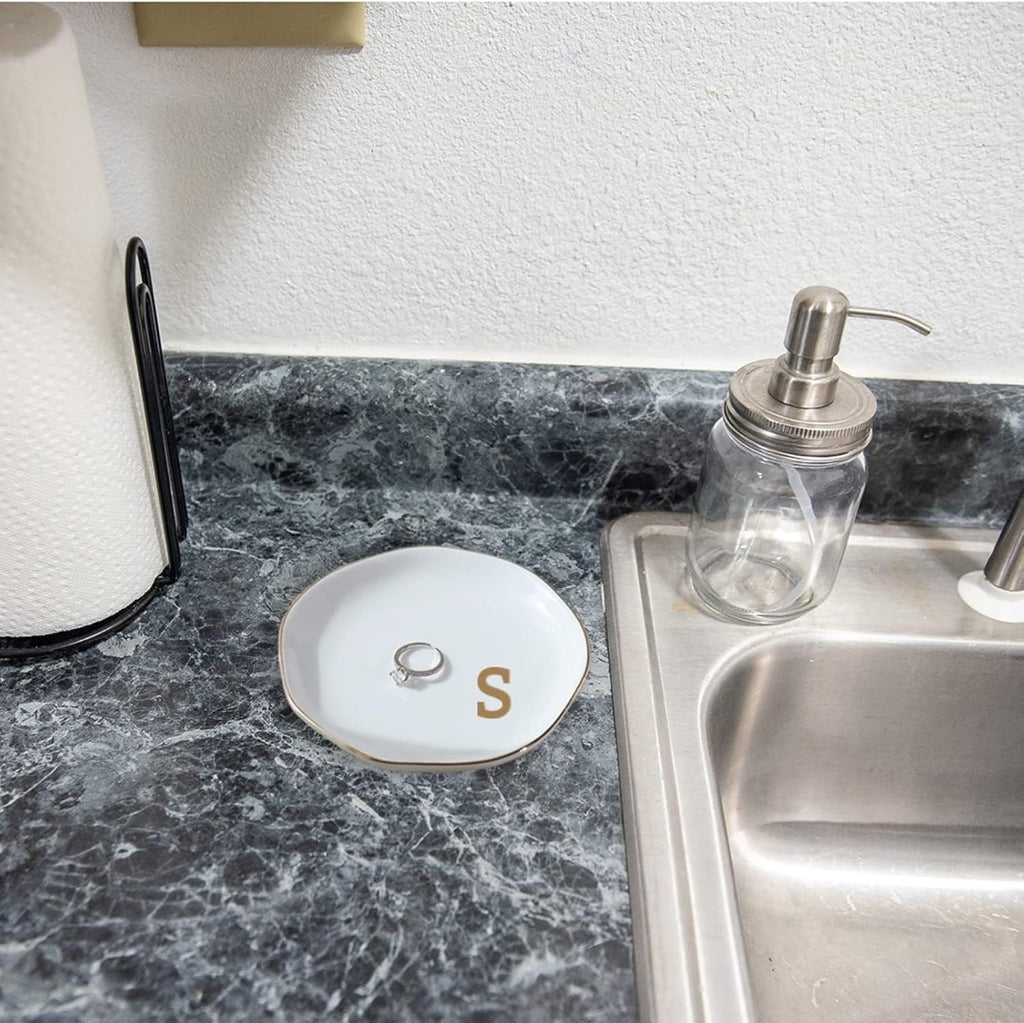 Initials Ring Dish Jewery Tray with Personalized S-Monogrammed Gifts Wedding Engagement for Women Friends Sister,Ceramic White