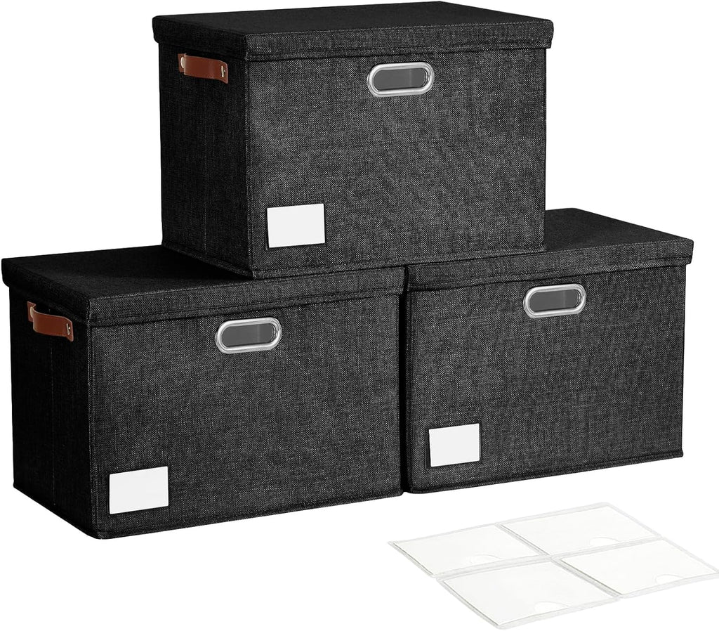 17" Large Collapsible Storage Bins with Lids, Stackable Closet Organizers with PU Handle and Labels, 3-Pack Decorative Fabric Storage Boxes for Home, Bedroom, Closet, Office, Nursery(Black)
