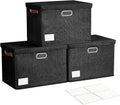 17" Large Collapsible Storage Bins with Lids, Stackable Closet Organizers with PU Handle and Labels, 3-Pack Decorative Fabric Storage Boxes for Home, Bedroom, Closet, Office, Nursery(Black)