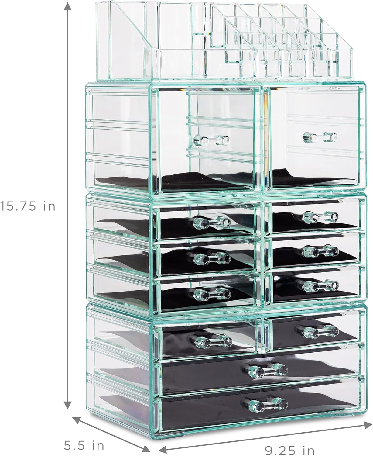 Sorbus Large Makeup Organizer - Clear Stackable Jewelry & Makeup Organizer For Vanity, Bathroom Storage, Dresser - 12 Drawers Cosmetic Beauty Organizers and Storage with Lipstick, Makeup Brush Holder