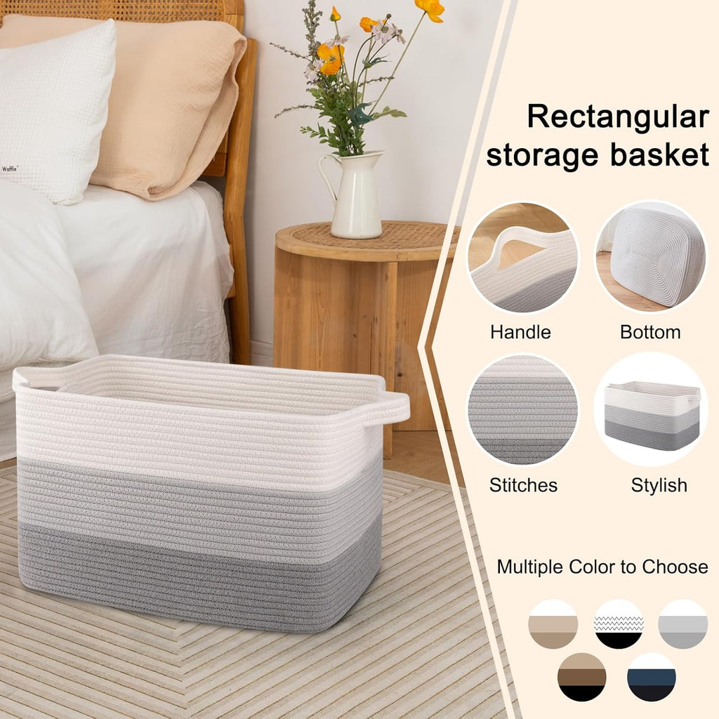 OIAHOMY Cotton Rope Basket, Rectangle Woven Baskets for Storage, Nursery Blanket Storage Living Room, Toy Basket With Handle-17.7”x13.8”x11”-Gradient Grey