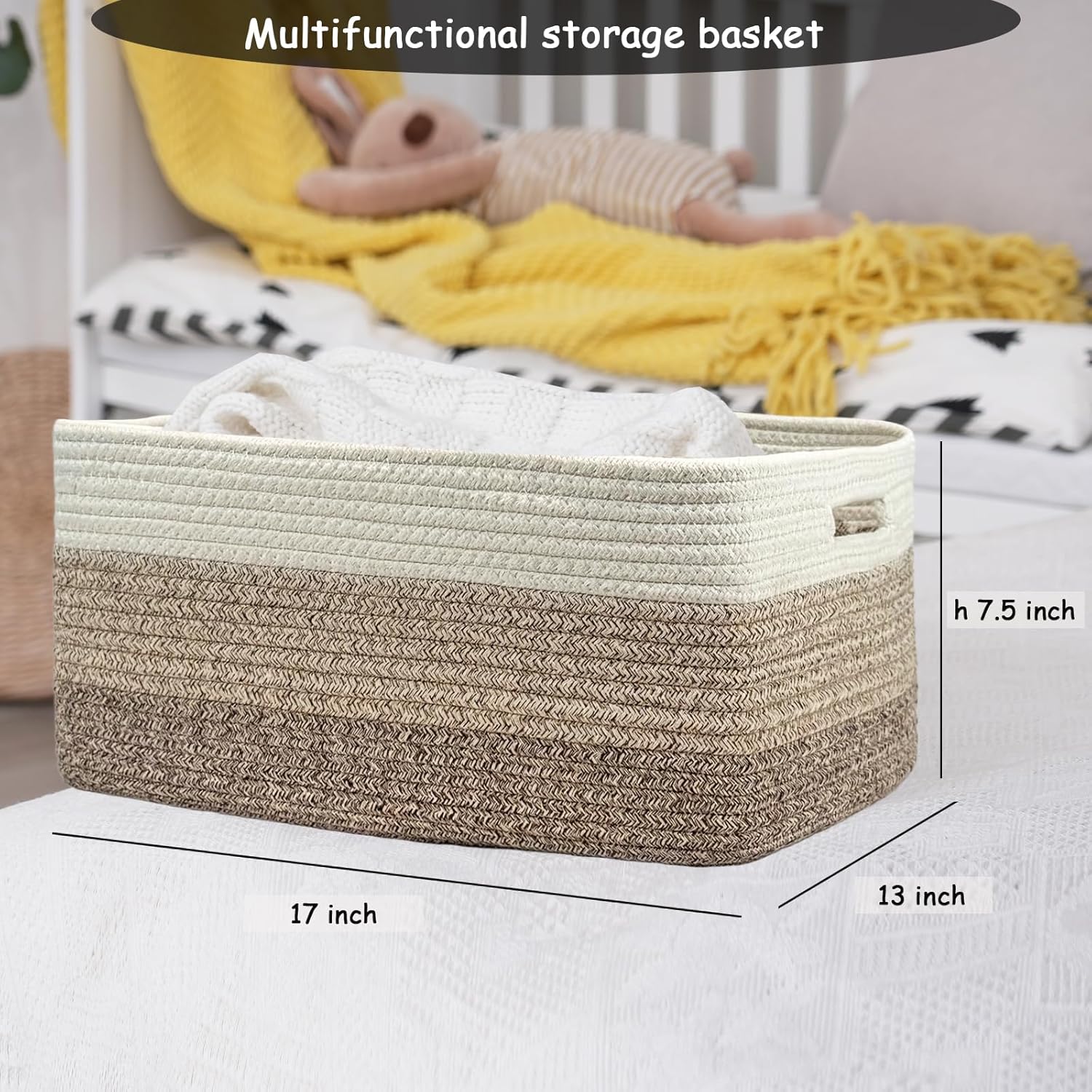 COMFY-HOMI 3 pcs Large Storage Baskets for Shelves, Laundry Basket, Woven Rope Basket, Closet Organizer Bins for Clothes Blanket Towels, Baby Nursery, Gift Toy Baskets, 17” x 13” x 7.5”-White/3 Brown