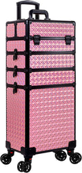AROUS 5 in 1 Rolling Makeup Train Case Cosmetology Case on Wheels Large Cosmetic Organizer Travel Cart for Hairstylist Artist Nail Beauty Salon Barber,Pink