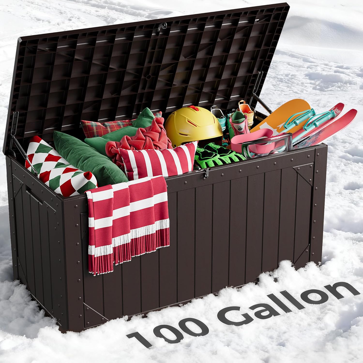 100 Gallon Outdoor Storage Box, Weatherproof Deck Box for Patio Cushions, Throw Pillows, Garden Tools, Lockable Resin Large Outdoor Storage Bench for Yard, Porch, or Balcony