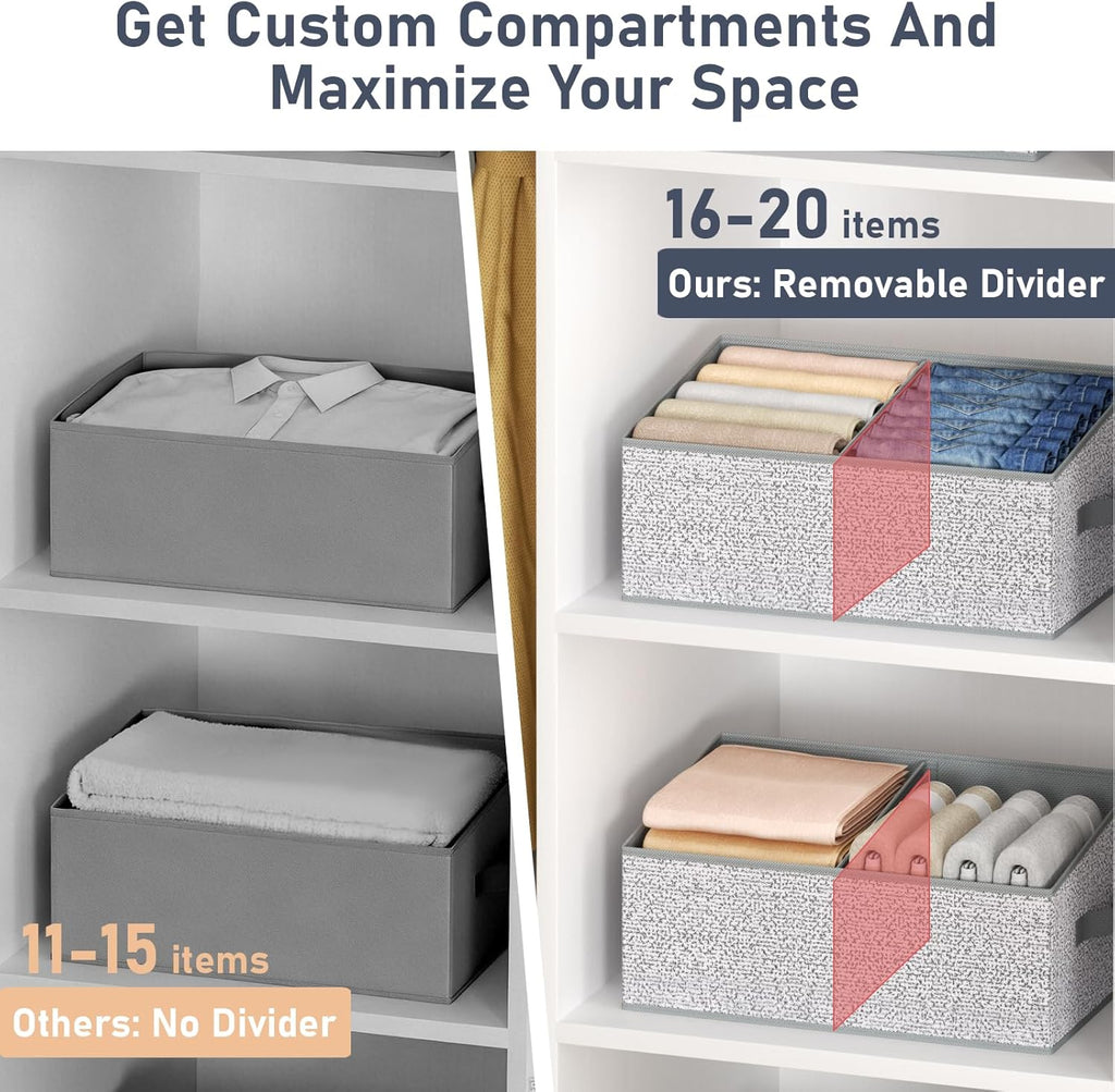 DIMJ Large Closet Shelf Organizer Bins 6 Packs with Handles and Divider, Fabric Trapezoid Storage Baskets, Foldable Clothes Containers Box for Shelf, Towel, Book, Toy, Purse, Hats, Grey