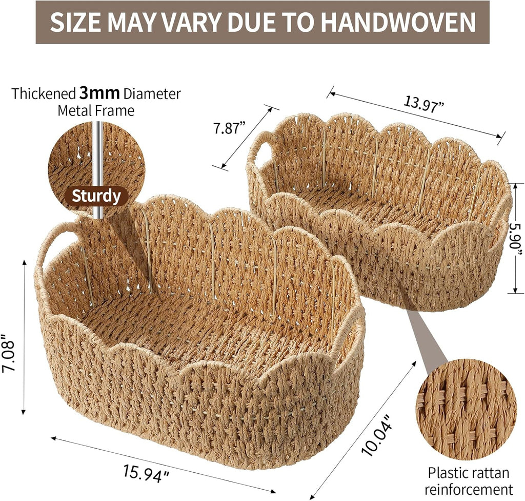 Paper Rope Scalloped Basket Set of 2,Woven Storage Baskets for Shelves,Laundry,Towels,Clothes,Books,Toys,Cute Decor Baskets for Organizing,Natural Color