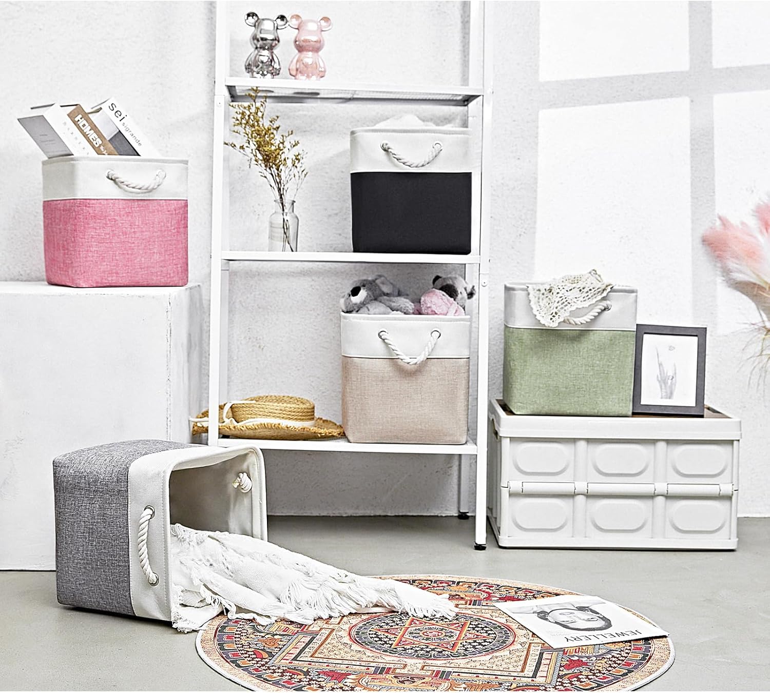 Fabric Storage Cubes, 11 inch cube storage bin with Handles, 11x11cube storage organizer bins, Collapsible Storage Bins for Shelves and Home, Cubby Storage Bins (white-khaki, 10.5x10.5x11in)