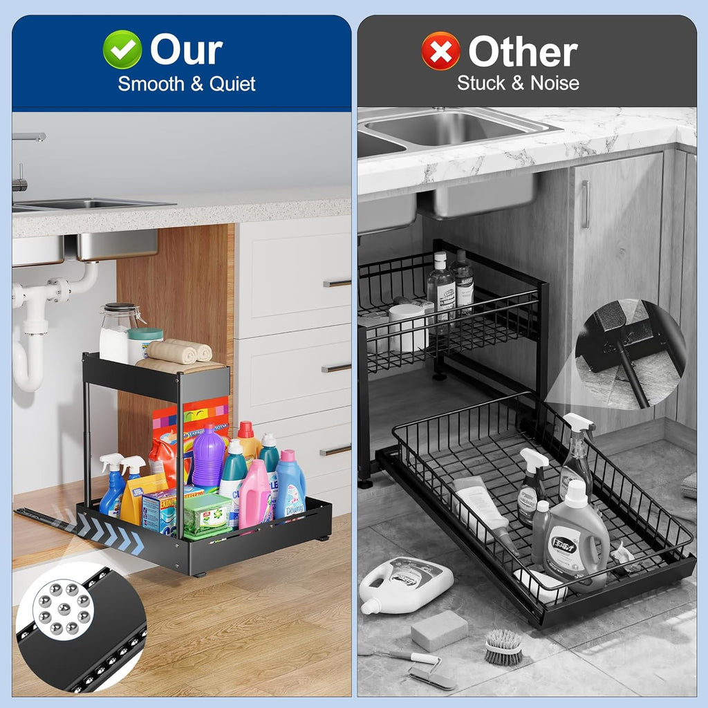 Insputer 2 Pack Under Sink Organizer, 2 Tier Under Cabinet Storage Expandable Width 9.8"-15" & Height Adjustable, Thickened Pull Out Shelf for Bathroom, Kitchen, Laundry, Pantry(Black)