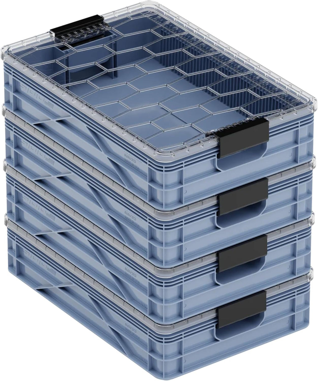 SIDIO Quarter Crate 4 Pack of Stackable Storage Bins - Organizer Bins with Dividers for Garage Organization, Home Storage - Heavy Duty Plastic Containers - 19.16” x 12.75”x 4.57” (Navy Gray)