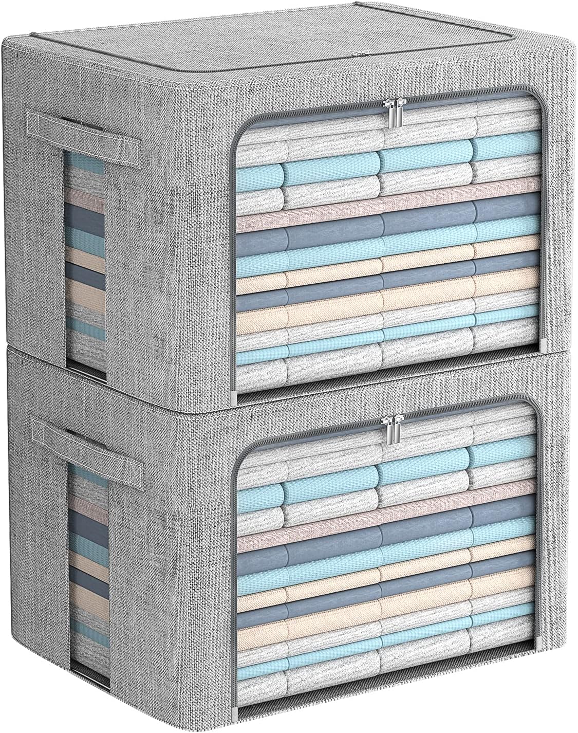 FHSQX 2 Pack Clear Window Storage Bins - Large Stackable Linen Fabric Storage for Clothes Foldable Container Organizer Set with Carrying Handles (Light Gray, 15.7x 11.8x 11.7 Inch)
