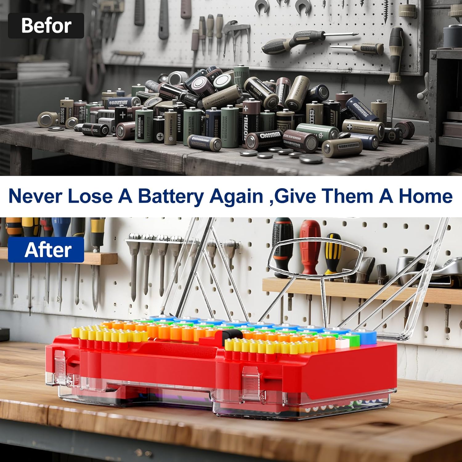 Battery Organizer Storage Holder Box Case with Tester, New Ultra-Large 285+Batteries Double-Sided Variety Pack, Holds AA AAA 4A C D 9V 3V Button Cell Lithium18650 CR2 CR123 CR1632 LR44 - Red