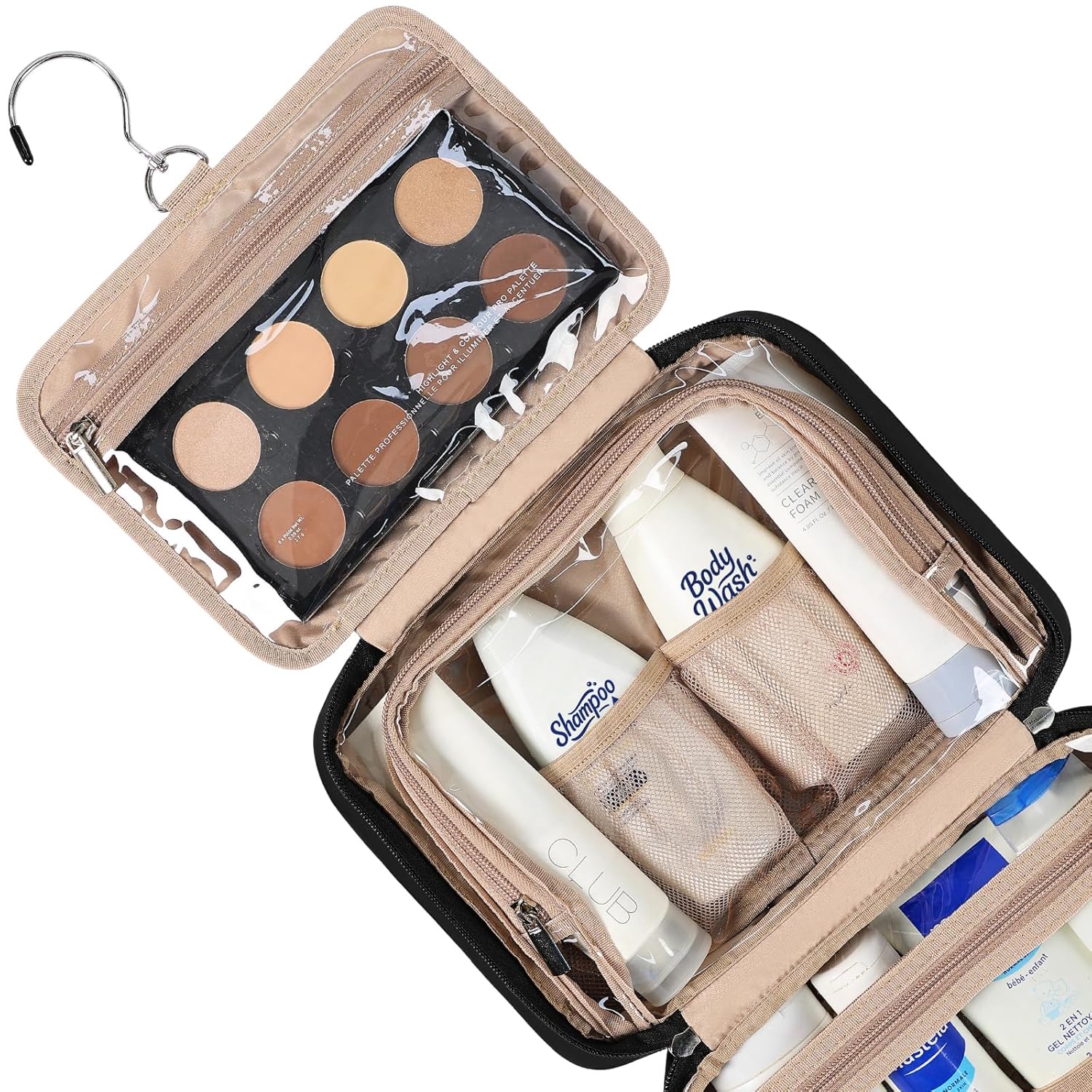 NISHEL Travel Toiletry Bag for Women, Makeup Essentials Organizer, Hanging Case for Accessories, Cosmetics, Medium Size, Black