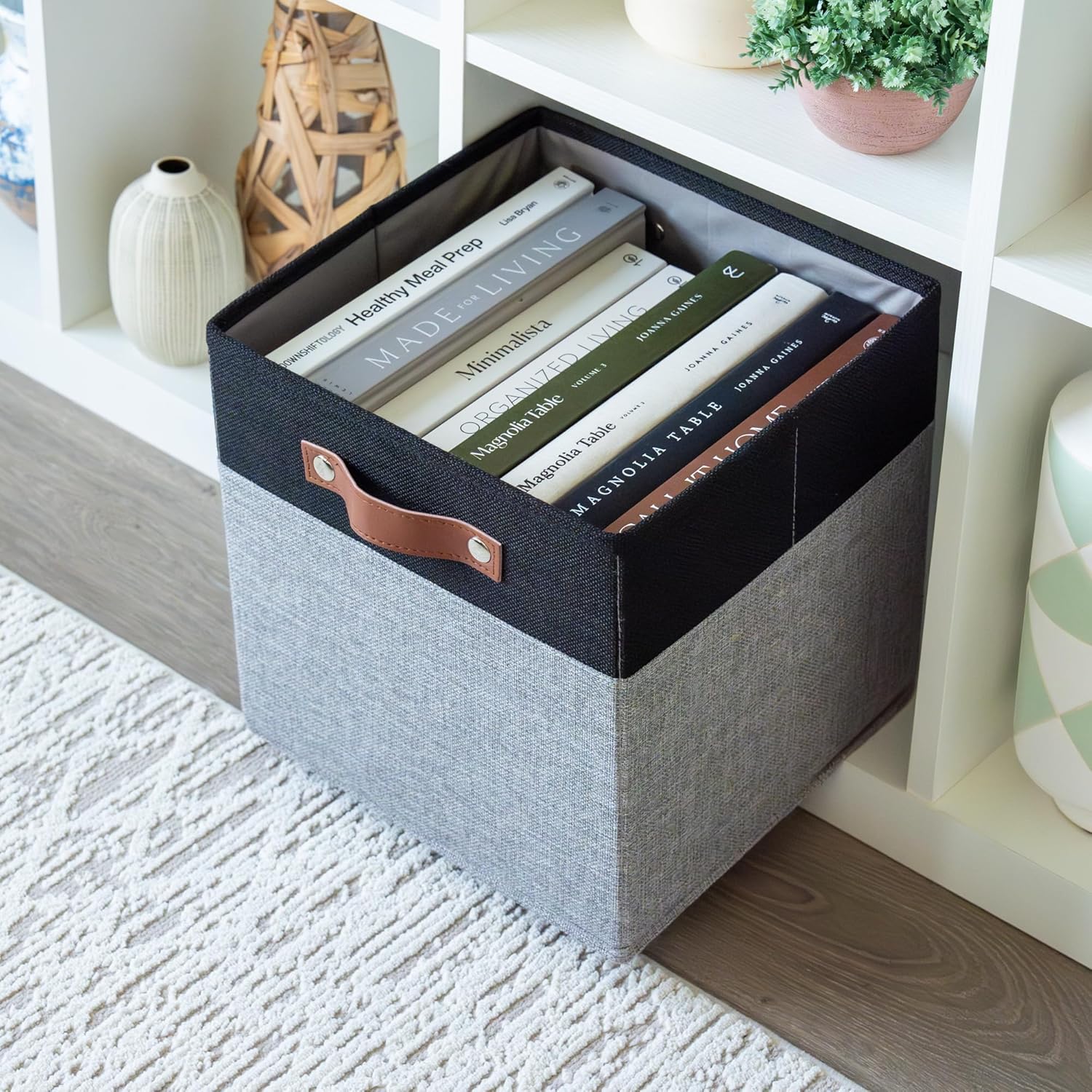 OrganiHaus 11" x 11" x 11" Fabric Cube Storage Bins - Set of 4, Canvas Cubby Bins with Vegan Handles, Square Storage Cubes, Kallax Storage Cubes, 11 Inch Cubic Baskets for Shelves in Gray/Black