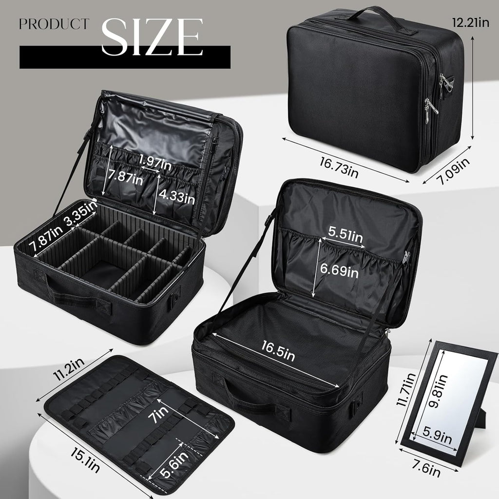 Adazzo Large Makeup Bag, 3 Layers 17” Makeup Case Organizer with Mirror Professional Cosmetic Storage Backpack Box Travel Artist Carrying Vanity Bags with Brush Slot/Shoulder Strap/Attach to Suitcase