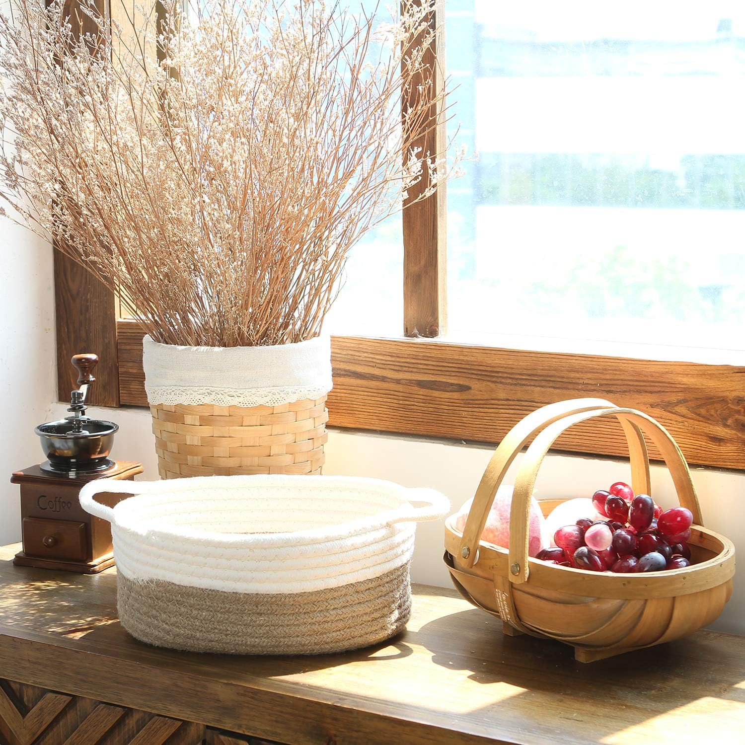 Sea Team 2-Pack Cotton Rope Baskets, 10 x 7 x 4 Inches Small Woven Storage Basket, Fabric Tray, Bowl, Oval Open Dish for Fruits, Jewelry, Keys, Sewing Kits (Flaxen & White)