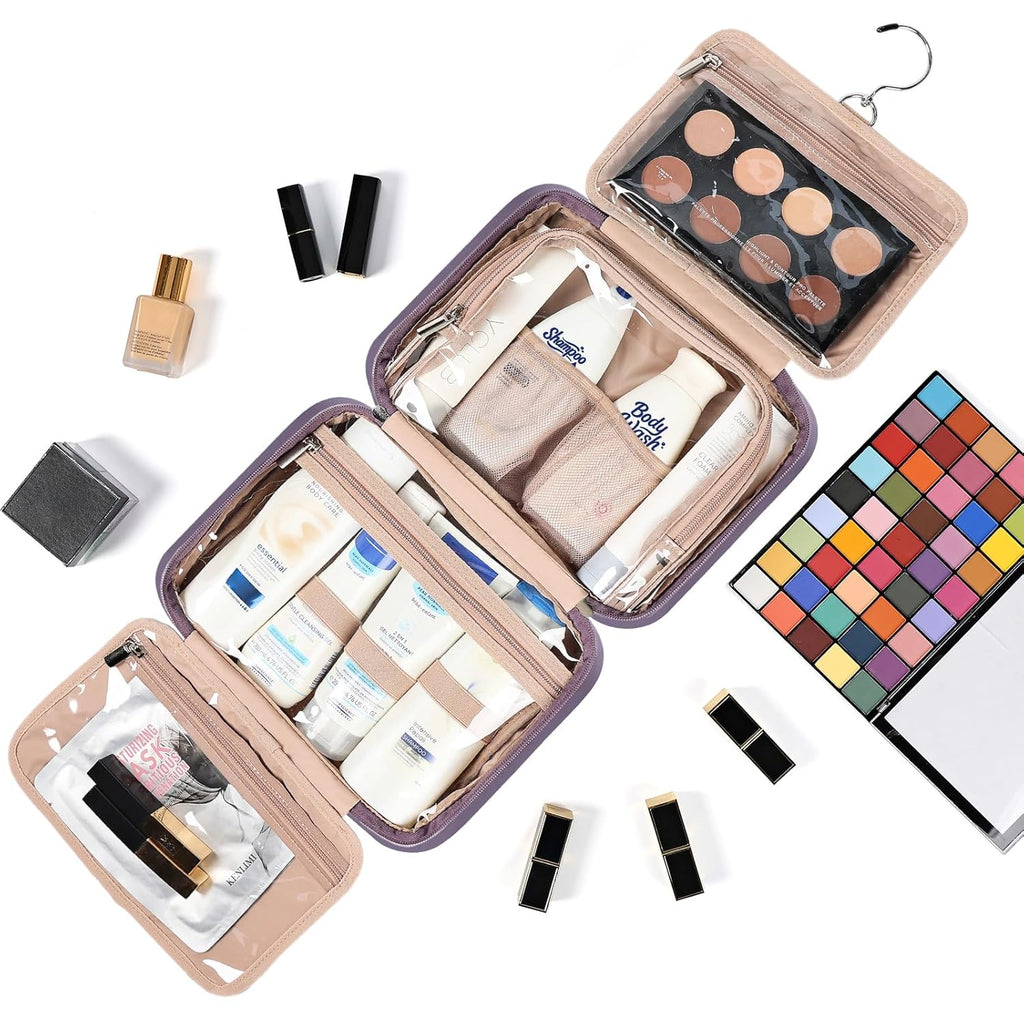 NISHEL Travel Toiletry Bag for Women, Makeup Essentials Organizer, Hanging Case for Accessories, Cosmetics, Medium Size, Purple