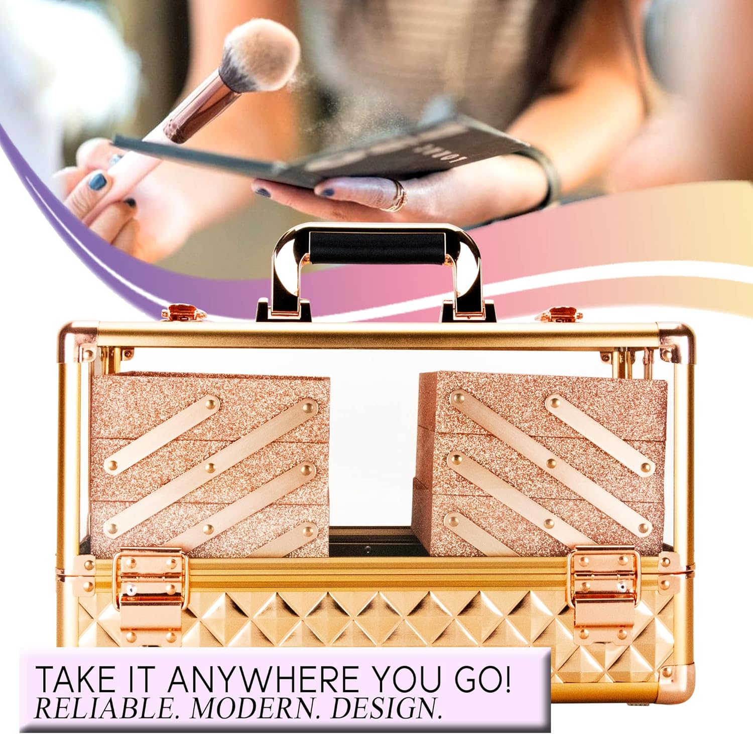 Ver Beauty Makeup Train Case 14 inch Armored Acrylic Large Portable Cosmetic Case 6 Trays Professional Storage Organizer Box Make Up Artist Jewelry Nail Kits Crafts Display Brush Holder- Rose Gold