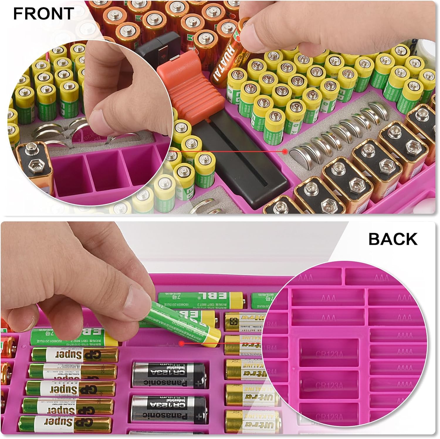 Battery Organizer Storage Holder Case with Double-Sided, Garage Box with Tester Checker. Batteries Container for 269pcs AA AAA AAAA 3A 4A 9V C D Lithium 4LR44 CR2 CR123A CR1632 CR2032 18650 - Purple