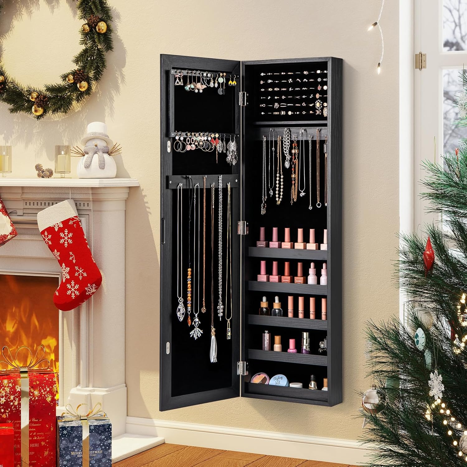Giantex Wall or Door Mounted Jewelry Cabinet with Full Length Mirror, Over The Door Jewelry Armoire Organizer, Hanging Storage Cabinet with Necklace Hooks, Earring Slots, Ring Slots & Shelves (Black)