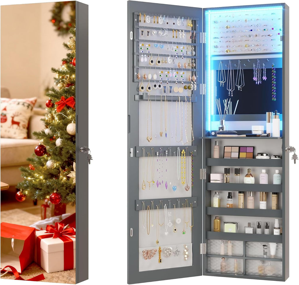 Vlsrka 47.2" LED Grey Jewelry Mirror Cabinet, Wall/Door Mounted Jewelry Armoire Organizer with Full-Length Mirror, Large Capacity Storage Hanging Cabinet, 4 Drawers, 5 Shelves, Built-in Lighted Mirror