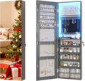 Vlsrka 47.2" LED Grey Jewelry Mirror Cabinet, Wall/Door Mounted Jewelry Armoire Organizer with Full-Length Mirror, Large Capacity Storage Hanging Cabinet, 4 Drawers, 5 Shelves, Built-in Lighted Mirror