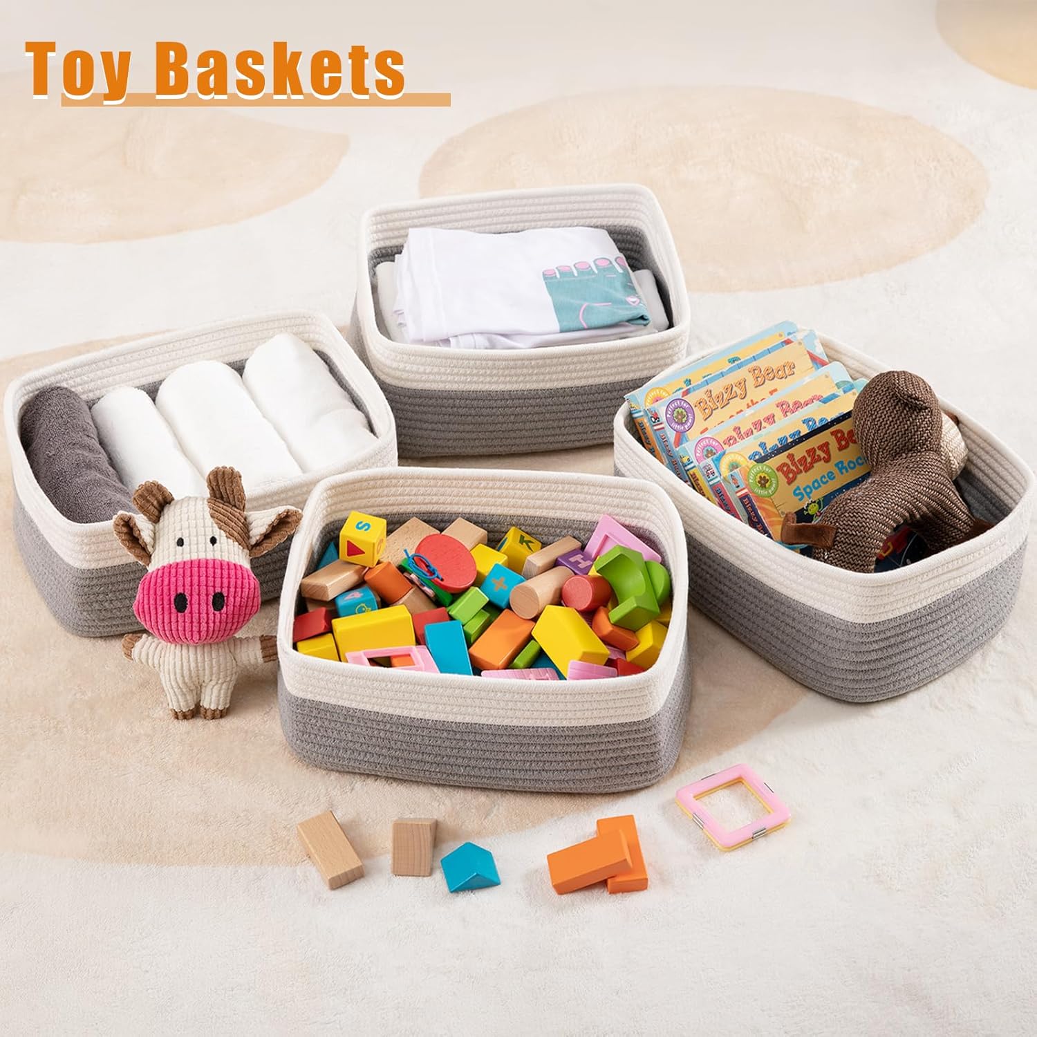 OIAHOMY 4 Pack Storage Baskets for Organizing, Small Bins for Shelves, Cute Decorative Storage Bins, Organizer Baskets for Gifts Empty, 13.8''Lx9.8''Wx5.5''H, Grey/White