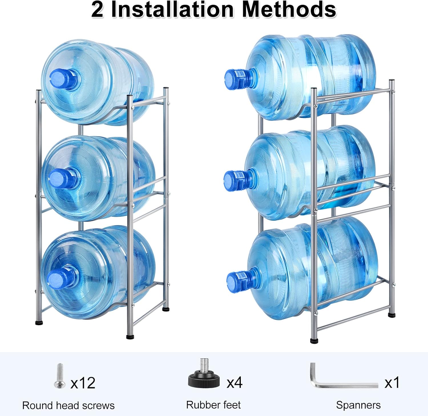 smusei 5 Gallon Water Bottle Holder Water Cooler Jug Rack for 3 Bottles Storage Detachable Heavy Duty Water Jug Organizer Stand for Home Office Kitchen Silver