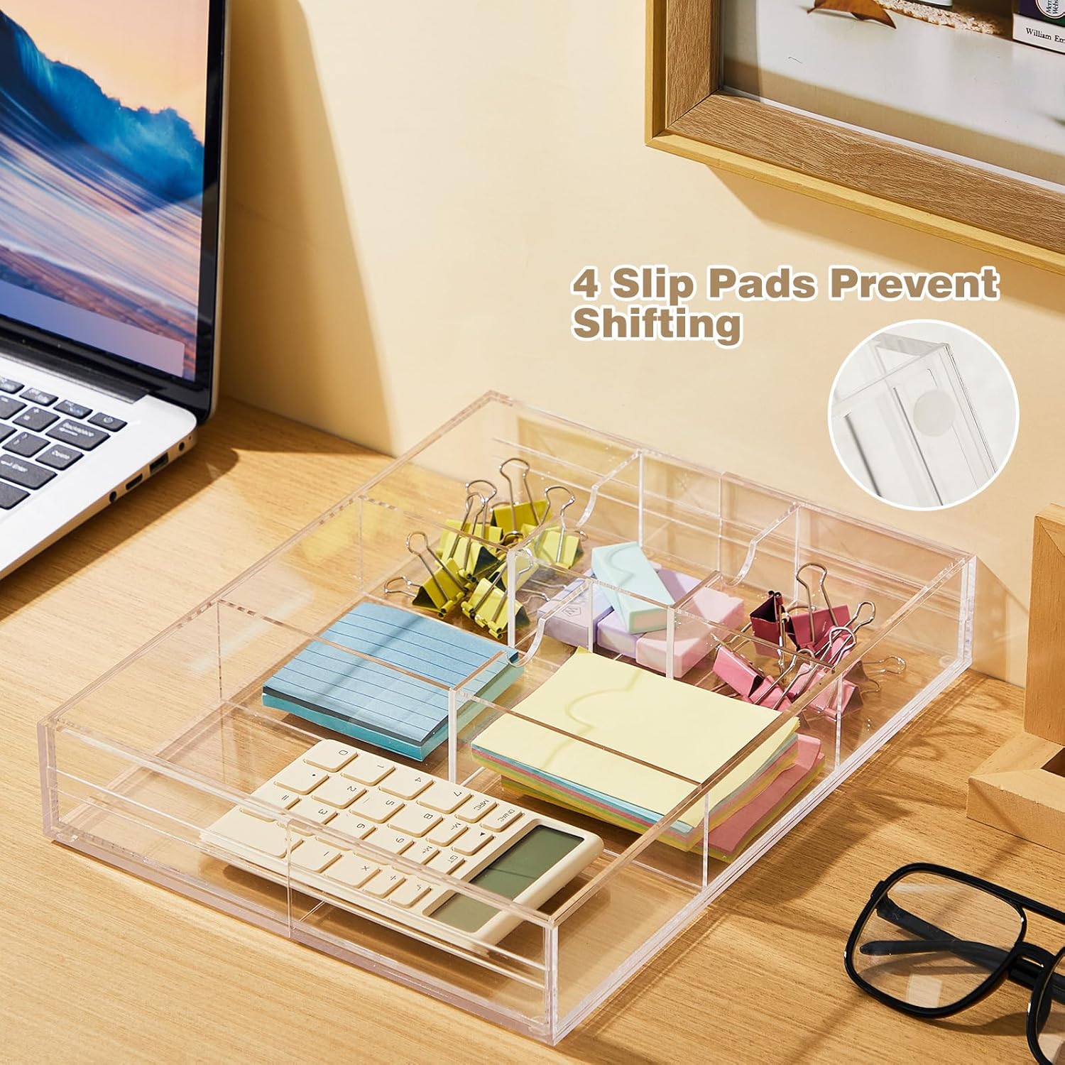 1 Pcs Acrylic Desk Drawer Organizer 2 Inch Height Expandable Drawer Organizer Trays with Adjustable Compartments Desk Accessories for Makeup Silverware Office Bathroom(Clear, Classic)