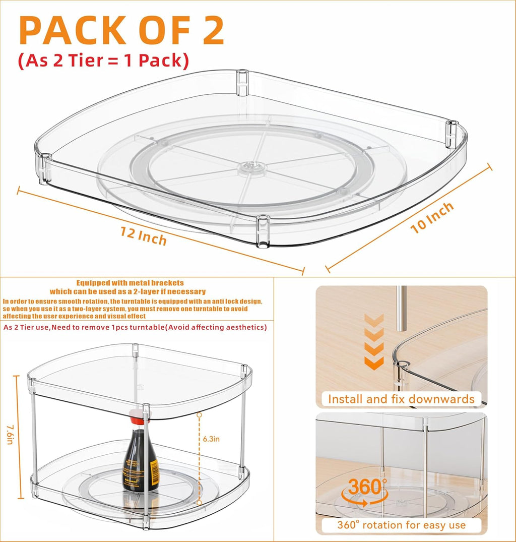 Yieach 2 Pack Rectangle Lazy Susan for Refrigerator,12″x10″ Square Fridge Turntable Organizer & Tray and 2 Tier Rotating Spice Rack for Jar,Can,Medication,Condiments,Seasoning Organizer for Cabinet
