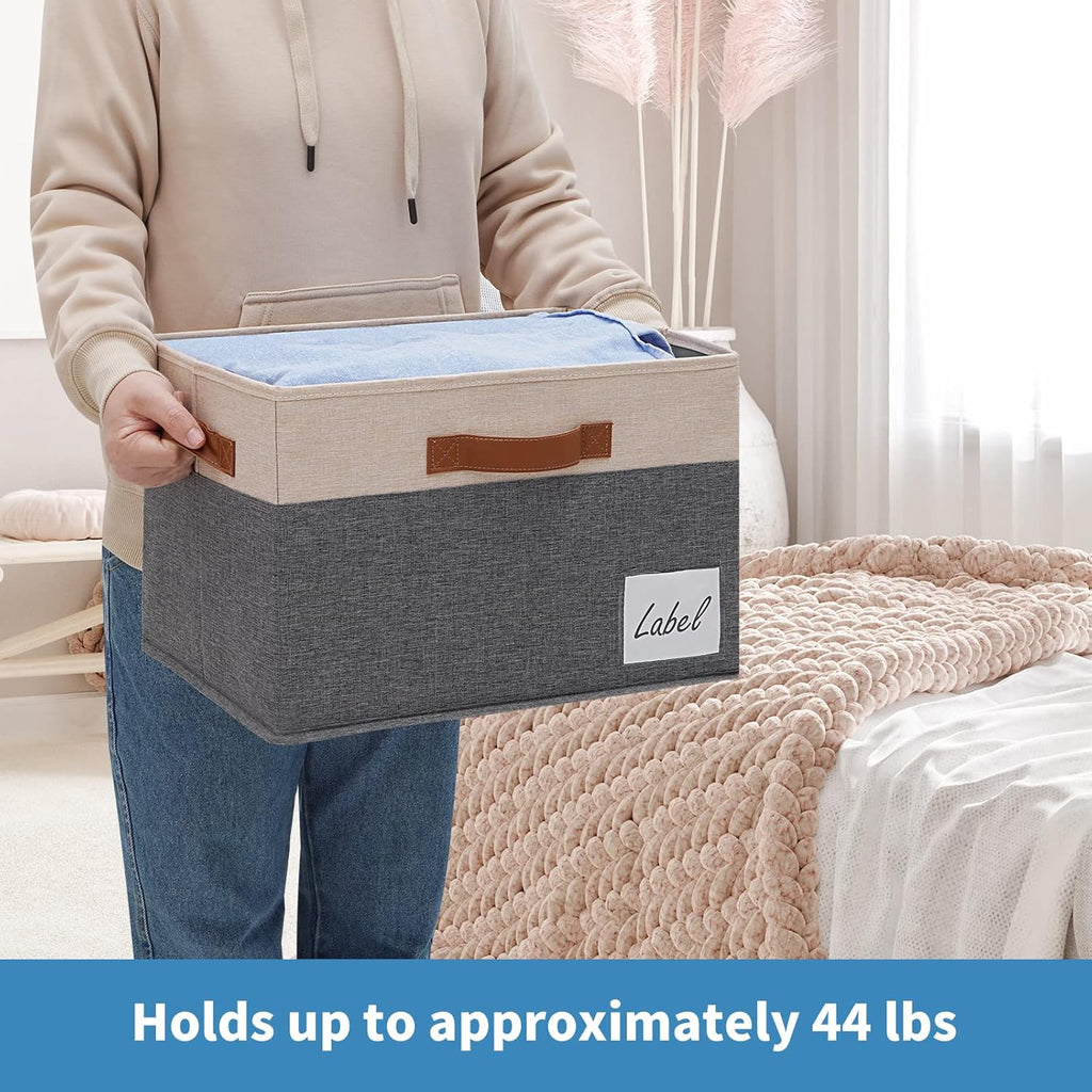 GhvyenntteS Large Storage Bins with Lids 6 Pack, Large Closet Storage Bin with Lid and 3 PU Handles, Foldable Fabric Storage Boxes with Label Window for Home Office (Beige, 15" x 11" x 9.7")