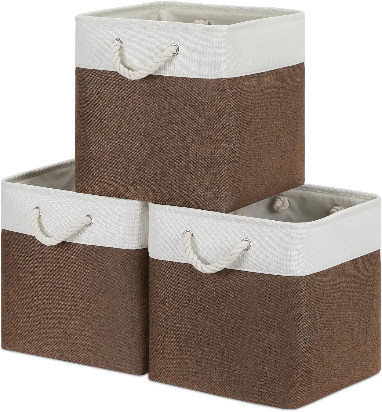 Bidtakay Collapsible Rustic Cube Storage - Brown Cloth Baskets with Handles, 13x13x13 Inch, Set of 3 Fabric Storage Bins